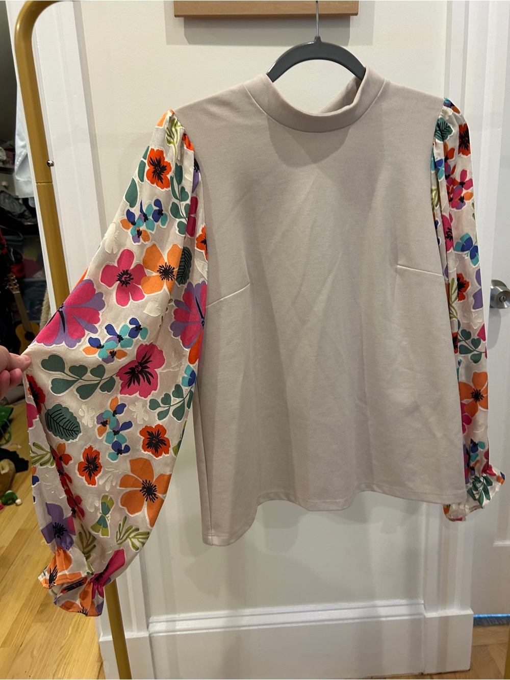 Mock Neck Beige Top with Floral Balloon Sleeves